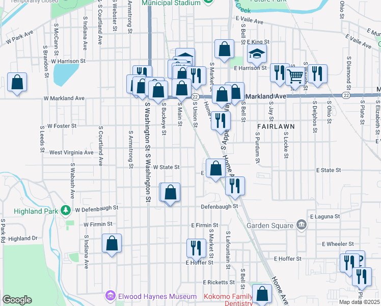 map of restaurants, bars, coffee shops, grocery stores, and more near 1101-1235 South Union Street in Kokomo