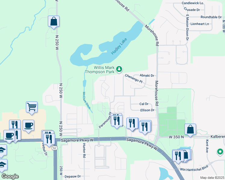 map of restaurants, bars, coffee shops, grocery stores, and more near 3831 Campus Suites Boulevard in West Lafayette