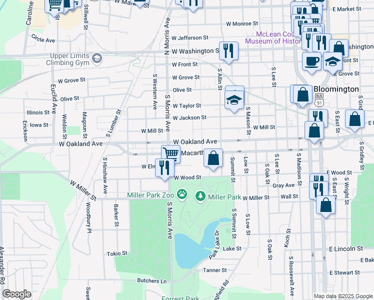 map of restaurants, bars, coffee shops, grocery stores, and more near 939 West Macarthur Avenue in Bloomington