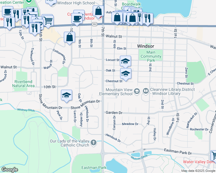 map of restaurants, bars, coffee shops, grocery stores, and more near 615 Chestnut Street in Windsor