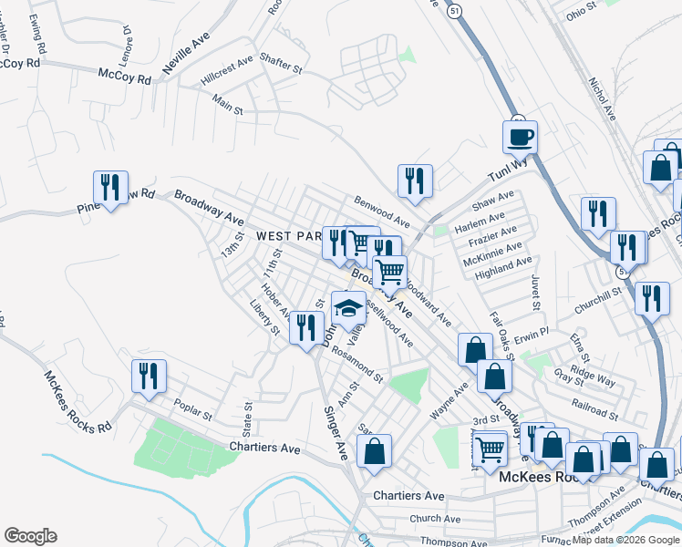 map of restaurants, bars, coffee shops, grocery stores, and more near 827 Broadway Avenue in McKees Rocks