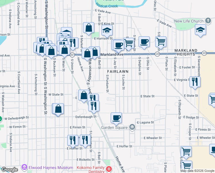 map of restaurants, bars, coffee shops, grocery stores, and more near 1208 South Purdum Street in Kokomo