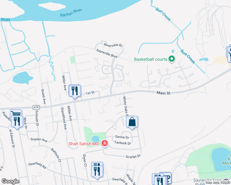 map of restaurants, bars, coffee shops, grocery stores, and more near 630b Main Street in Sayreville
