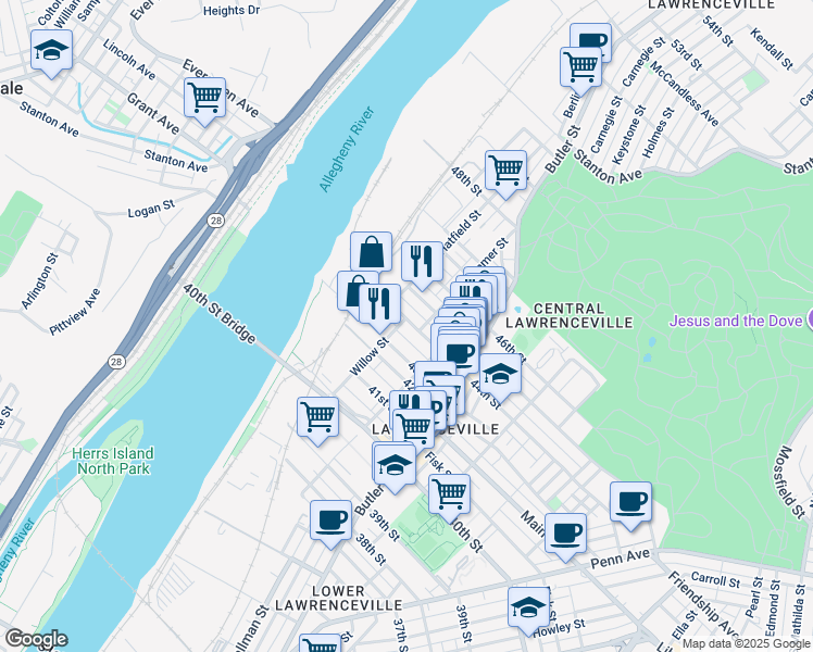 map of restaurants, bars, coffee shops, grocery stores, and more near 132 44th Street in Pittsburgh