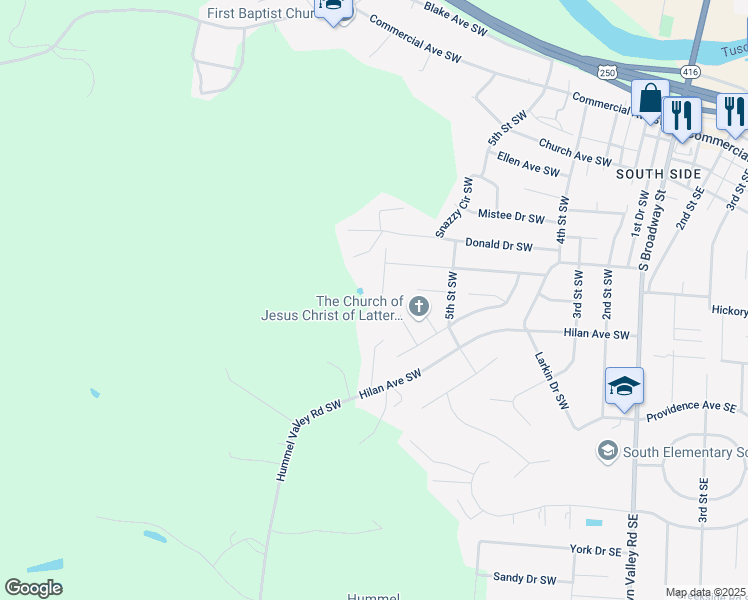 map of restaurants, bars, coffee shops, grocery stores, and more near 1060 Thomas Drive Southwest in New Philadelphia