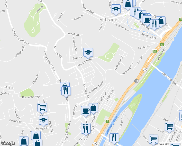 map of restaurants, bars, coffee shops, grocery stores, and more near 2042 East Homestead Street in Pittsburgh
