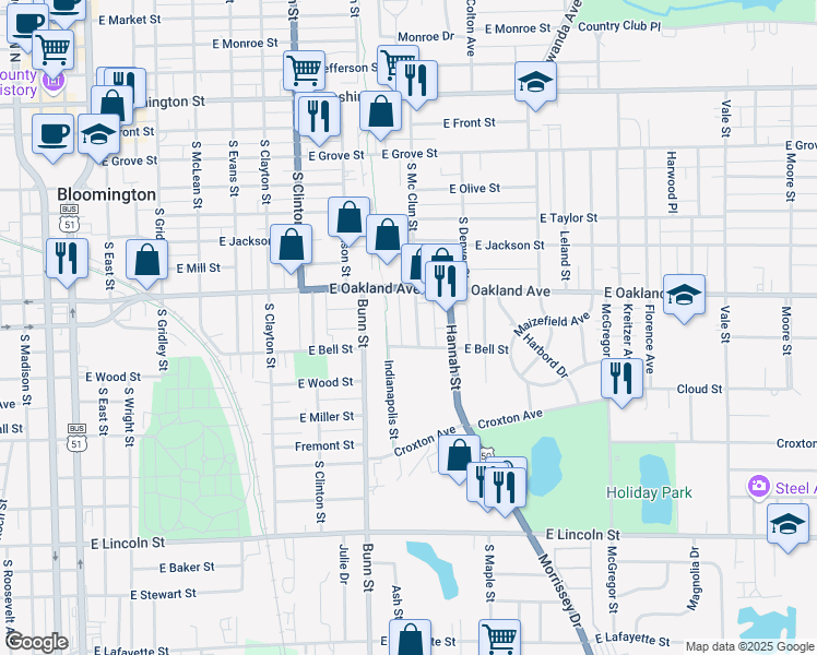 map of restaurants, bars, coffee shops, grocery stores, and more near 613 South Mc Clun Street in Bloomington