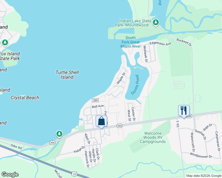 map of restaurants, bars, coffee shops, grocery stores, and more near 7685 Township Road 269 in Russells Point