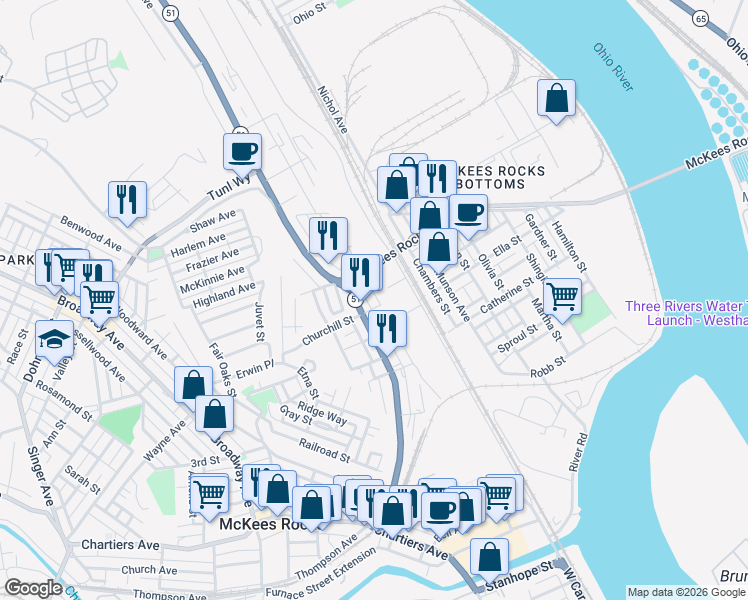 map of restaurants, bars, coffee shops, grocery stores, and more near in McKees Rocks