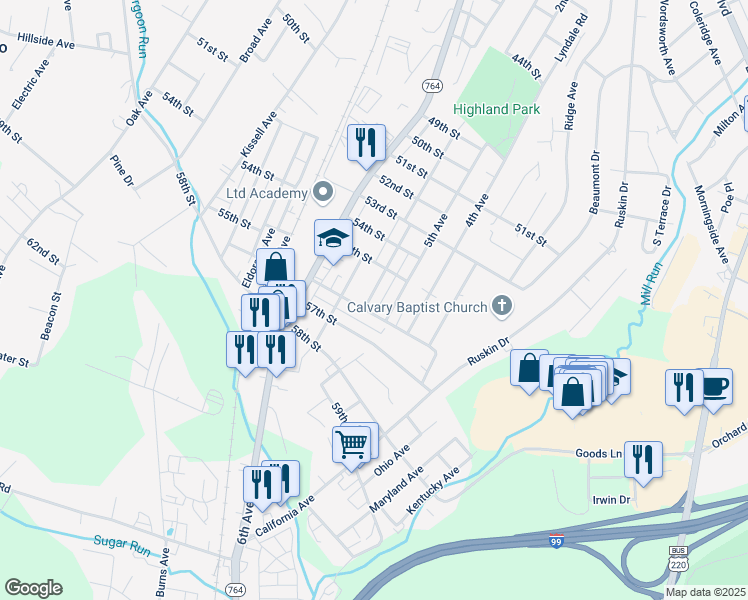 map of restaurants, bars, coffee shops, grocery stores, and more near 5528-30 Montrose Avenue in Altoona