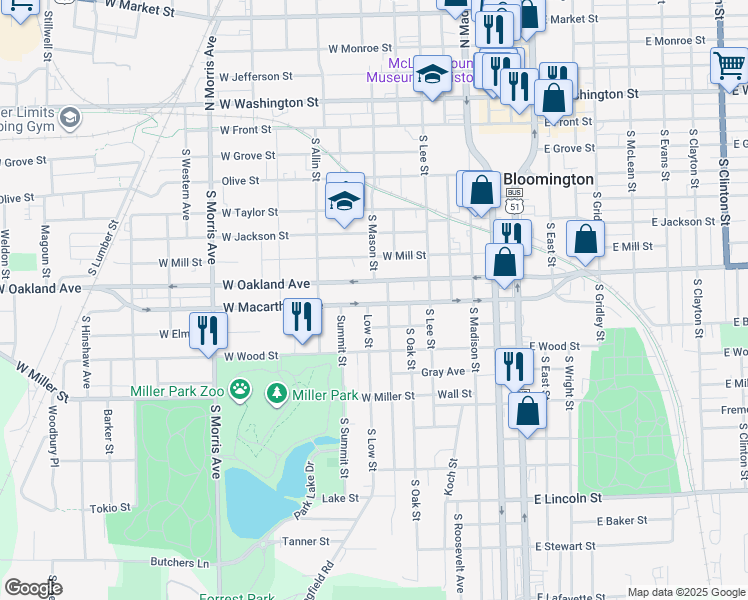map of restaurants, bars, coffee shops, grocery stores, and more near 607 West Macarthur Avenue in Bloomington