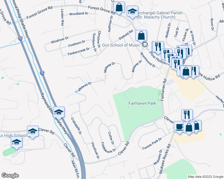 map of restaurants, bars, coffee shops, grocery stores, and more near 121 Park Place in McKees Rocks