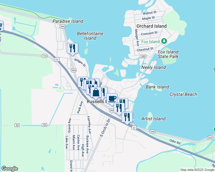 map of restaurants, bars, coffee shops, grocery stores, and more near 200 Clermont Avenue in Russells Point