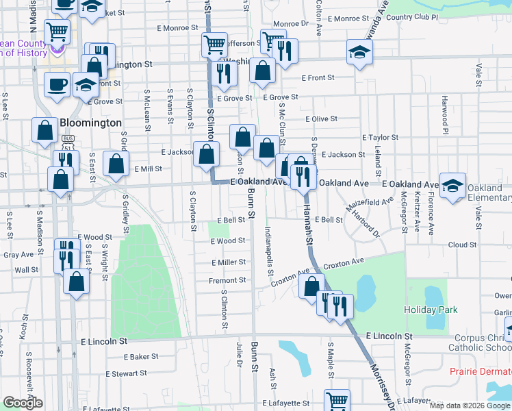 map of restaurants, bars, coffee shops, grocery stores, and more near 708 Bunn Street in Bloomington
