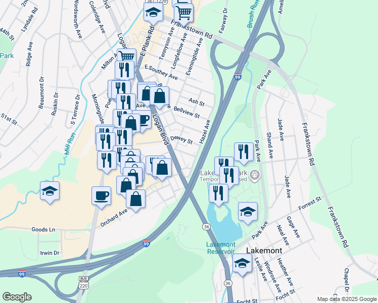 map of restaurants, bars, coffee shops, grocery stores, and more near 223-25 Calder Street in Altoona