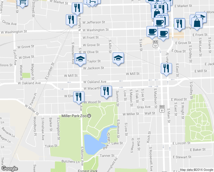 map of restaurants, bars, coffee shops, grocery stores, and more near 905 West Macarthur Avenue in Bloomington