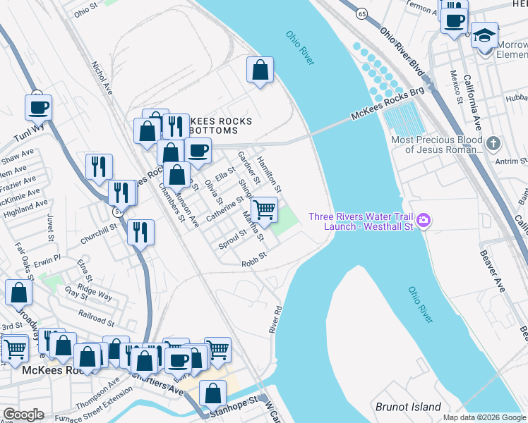 map of restaurants, bars, coffee shops, grocery stores, and more near 119 Shingiss Street in McKees Rocks
