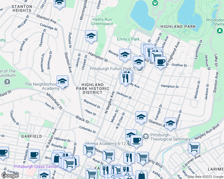 map of restaurants, bars, coffee shops, grocery stores, and more near 915 North Negley Avenue in Pittsburgh