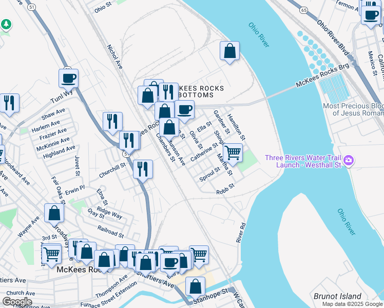 map of restaurants, bars, coffee shops, grocery stores, and more near 2 Helen Street in McKees Rocks