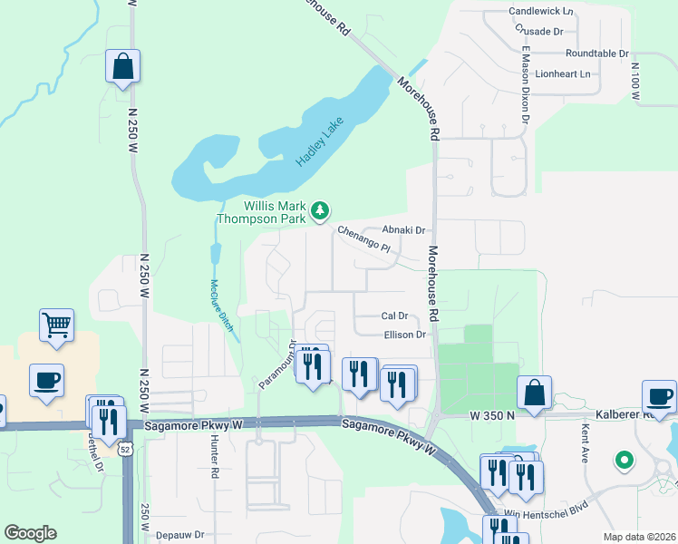 map of restaurants, bars, coffee shops, grocery stores, and more near 3885 Chenango Place in West Lafayette