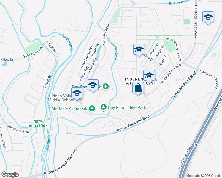 map of restaurants, bars, coffee shops, grocery stores, and more near 15326 South Park Bluff Way in Bluffdale