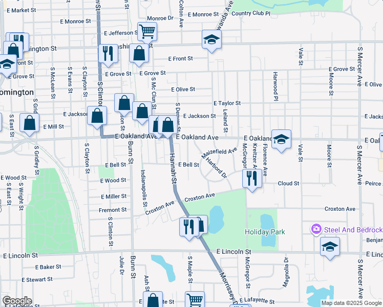 map of restaurants, bars, coffee shops, grocery stores, and more near 612 Maple St in Bloomington
