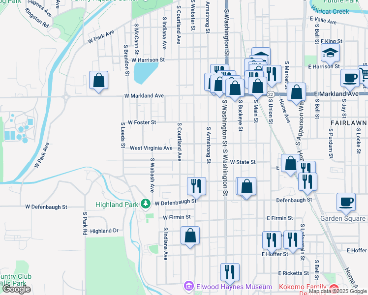 map of restaurants, bars, coffee shops, grocery stores, and more near 1206 South Courtland Avenue in Kokomo