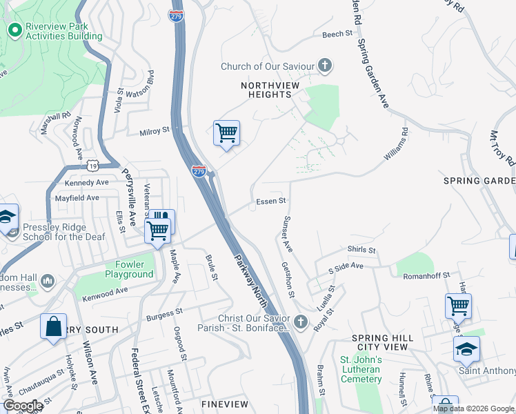 map of restaurants, bars, coffee shops, grocery stores, and more near 200 Essen Street in Pittsburgh