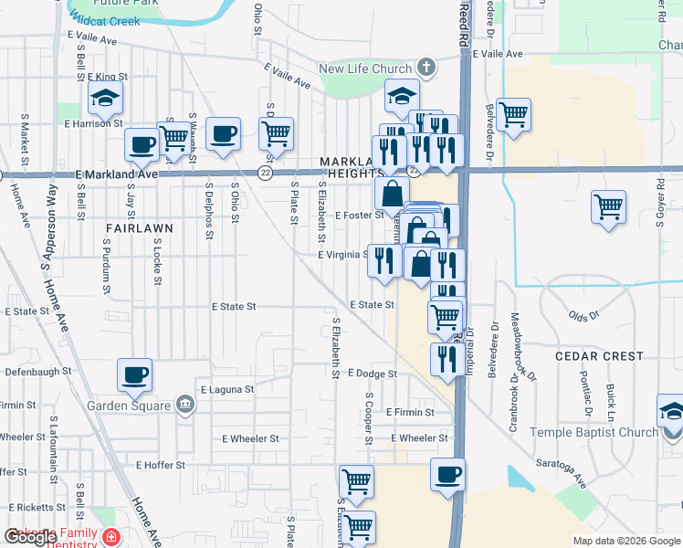 map of restaurants, bars, coffee shops, grocery stores, and more near 1221 South Calumet Street in Kokomo