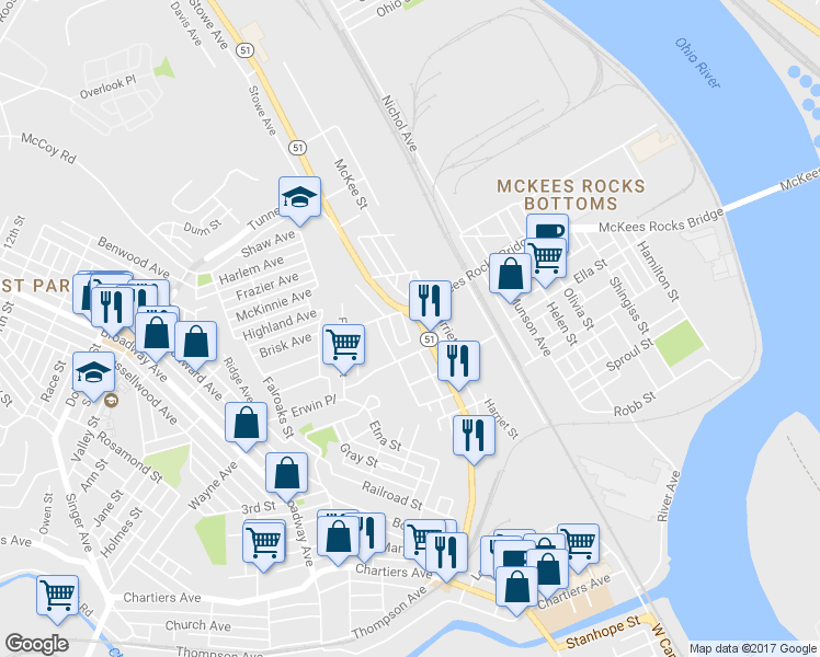 map of restaurants, bars, coffee shops, grocery stores, and more near 720 School St in McKees Rocks