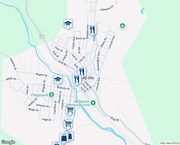 map of restaurants, bars, coffee shops, grocery stores, and more near 1113 Chestnut Street in Nanty-Glo