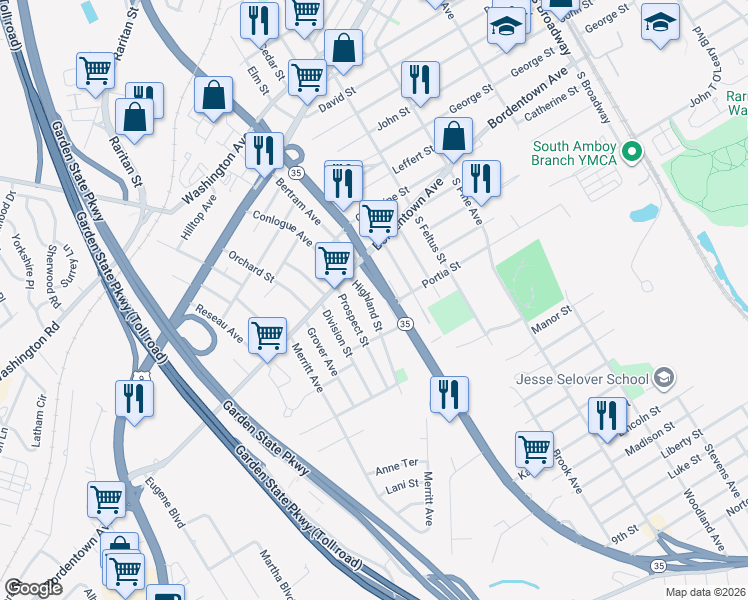 map of restaurants, bars, coffee shops, grocery stores, and more near 2097 New Jersey 35 in South Amboy