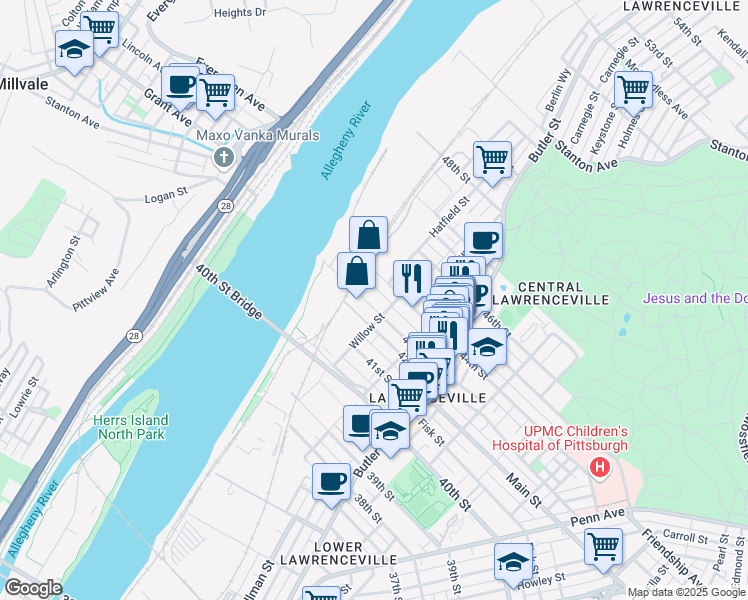 map of restaurants, bars, coffee shops, grocery stores, and more near 93 43rd Street in Pittsburgh