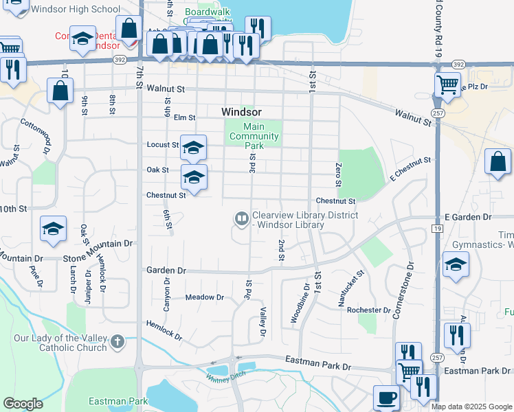 map of restaurants, bars, coffee shops, grocery stores, and more near 400 Chestnut Street in Windsor