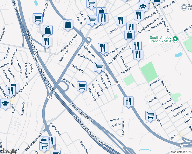 map of restaurants, bars, coffee shops, grocery stores, and more near 726 Bordentown Avenue in South Amboy