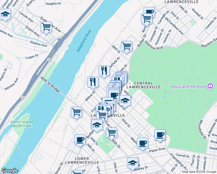 map of restaurants, bars, coffee shops, grocery stores, and more near in Pittsburgh