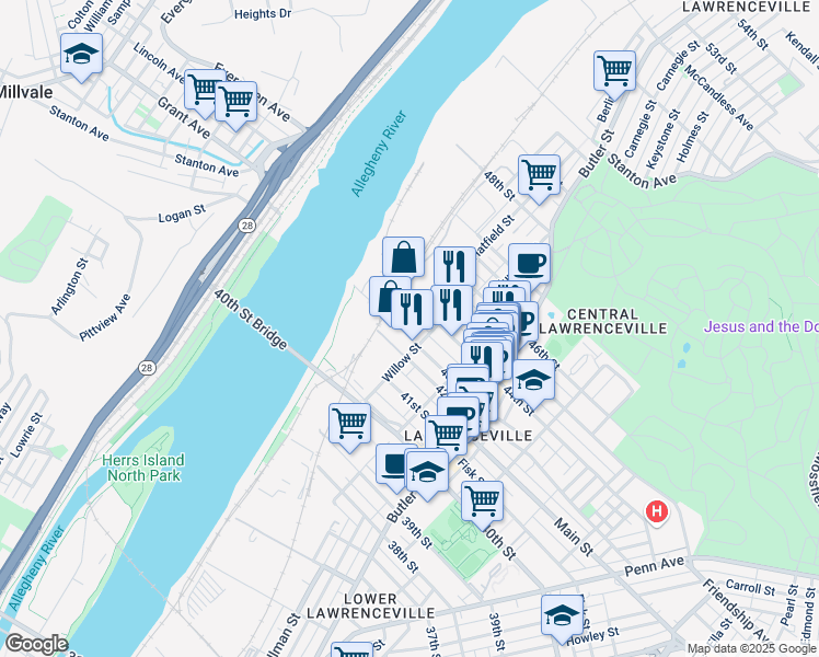 map of restaurants, bars, coffee shops, grocery stores, and more near 93 43rd Street in Pittsburgh