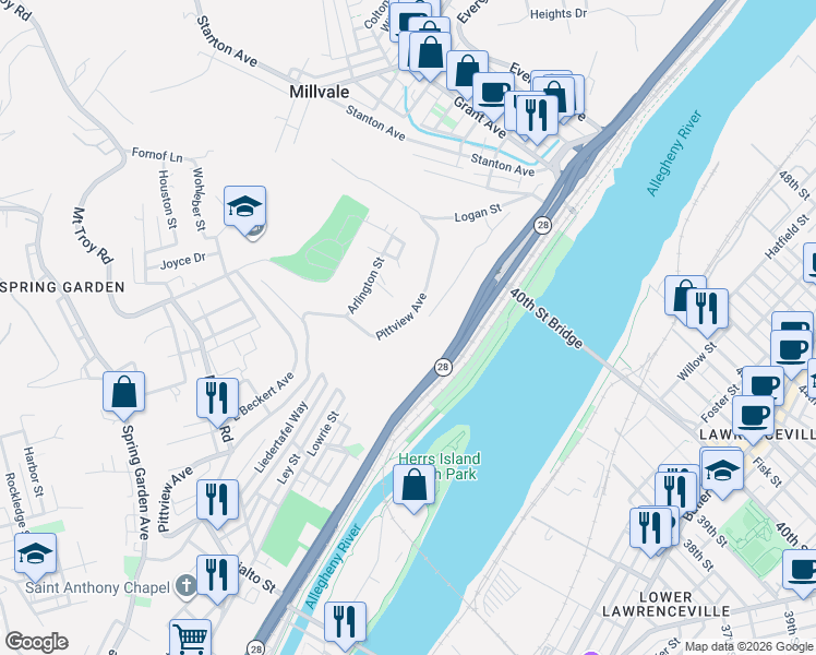map of restaurants, bars, coffee shops, grocery stores, and more near 2307 Pittview Avenue in Pittsburgh