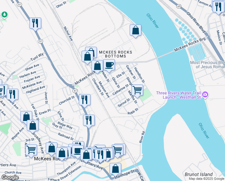 map of restaurants, bars, coffee shops, grocery stores, and more near 2 Helen Street in McKees Rocks