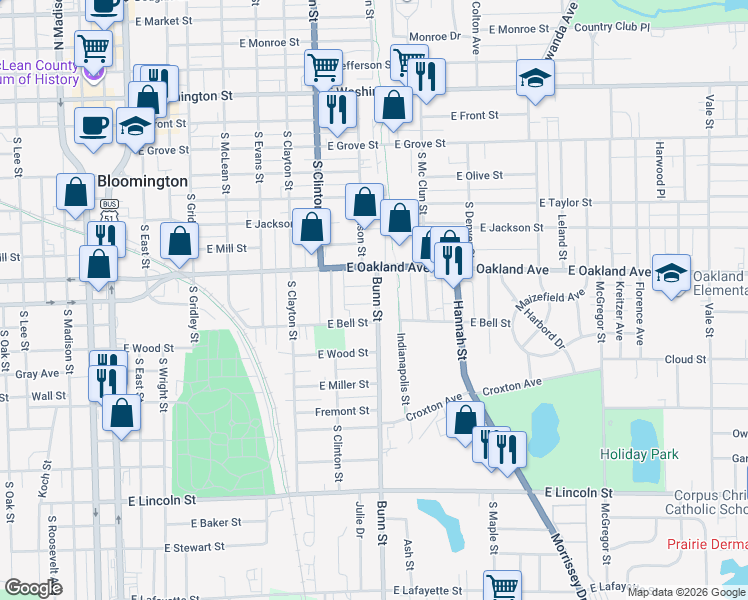 map of restaurants, bars, coffee shops, grocery stores, and more near 708 Bunn Street in Bloomington