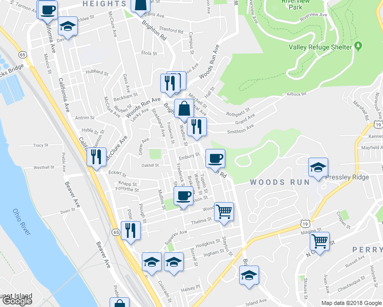 map of restaurants, bars, coffee shops, grocery stores, and more near 3036 Wadlow St in Pittsburgh