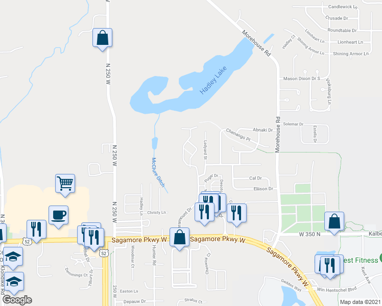 map of restaurants, bars, coffee shops, grocery stores, and more near 3831 Campus Suites Boulevard in West Lafayette