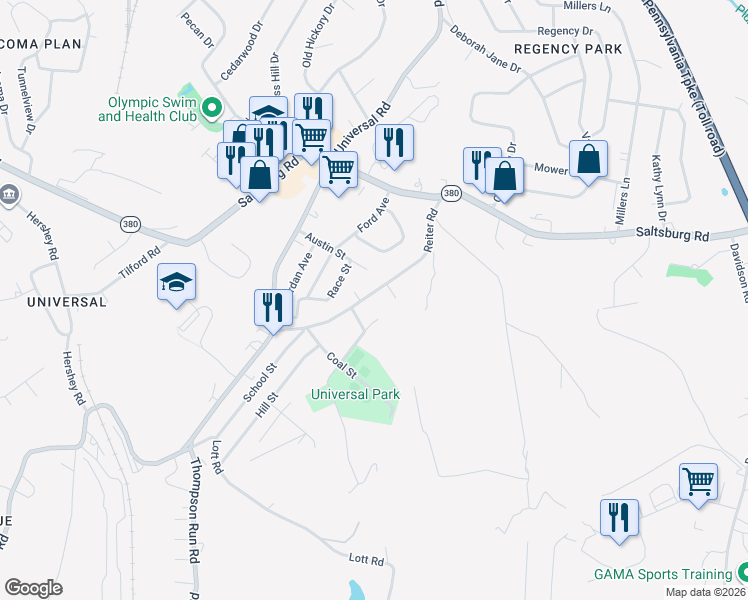 map of restaurants, bars, coffee shops, grocery stores, and more near 2720 Reiter Road in Pittsburgh