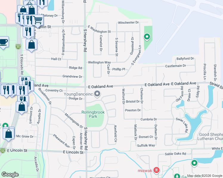 map of restaurants, bars, coffee shops, grocery stores, and more near 3013 East Oakland Avenue in Bloomington
