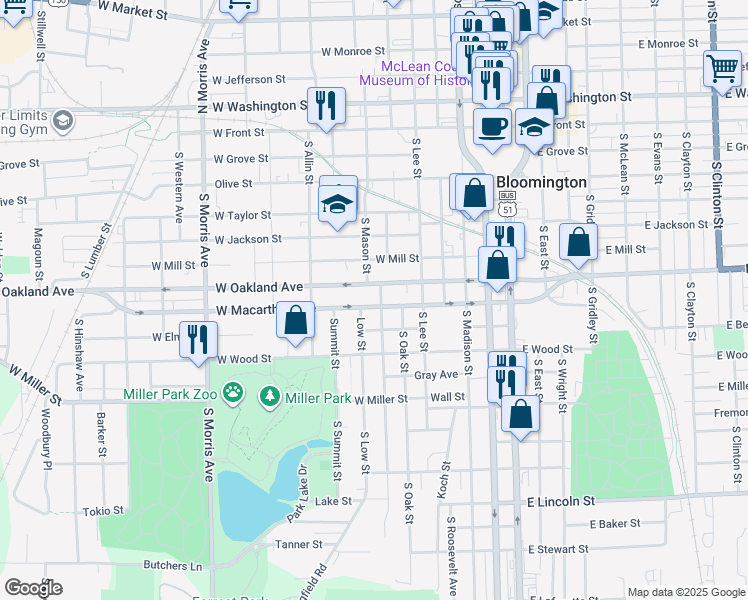 map of restaurants, bars, coffee shops, grocery stores, and more near 607 West Macarthur Avenue in Bloomington