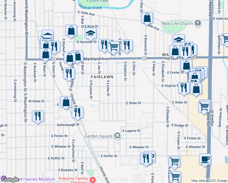 map of restaurants, bars, coffee shops, grocery stores, and more near 1213 South Waugh Street in Kokomo