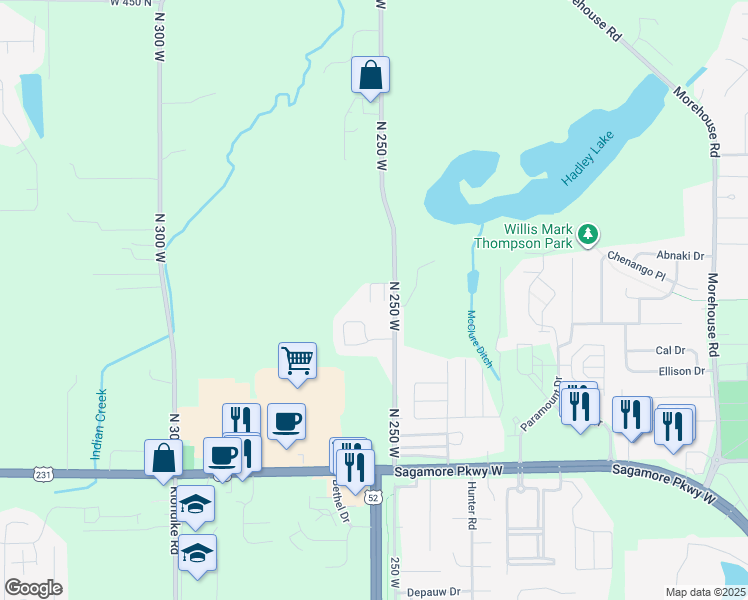 map of restaurants, bars, coffee shops, grocery stores, and more near 3877 Amber Lane in West Lafayette
