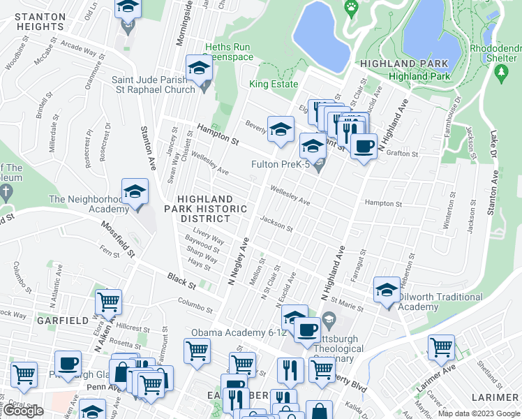map of restaurants, bars, coffee shops, grocery stores, and more near 918 North Negley Avenue in Pittsburgh