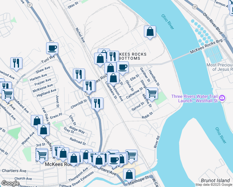 map of restaurants, bars, coffee shops, grocery stores, and more near 231 Munson Avenue in McKees Rocks