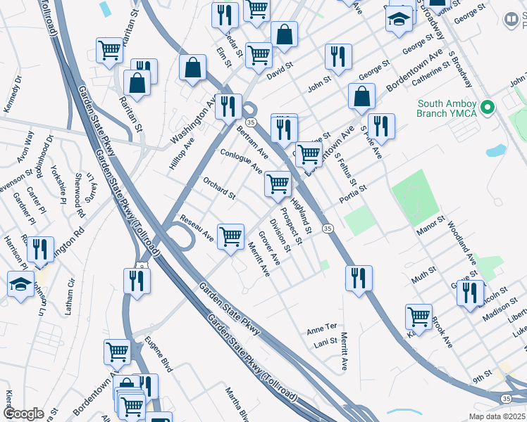map of restaurants, bars, coffee shops, grocery stores, and more near 726 Bordentown Avenue in South Amboy